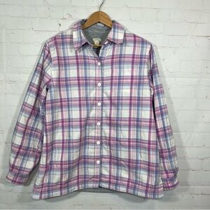 LL Bean Fleece Lined Plaid Shacket Flannel Womens Medium Pink Lumberjack